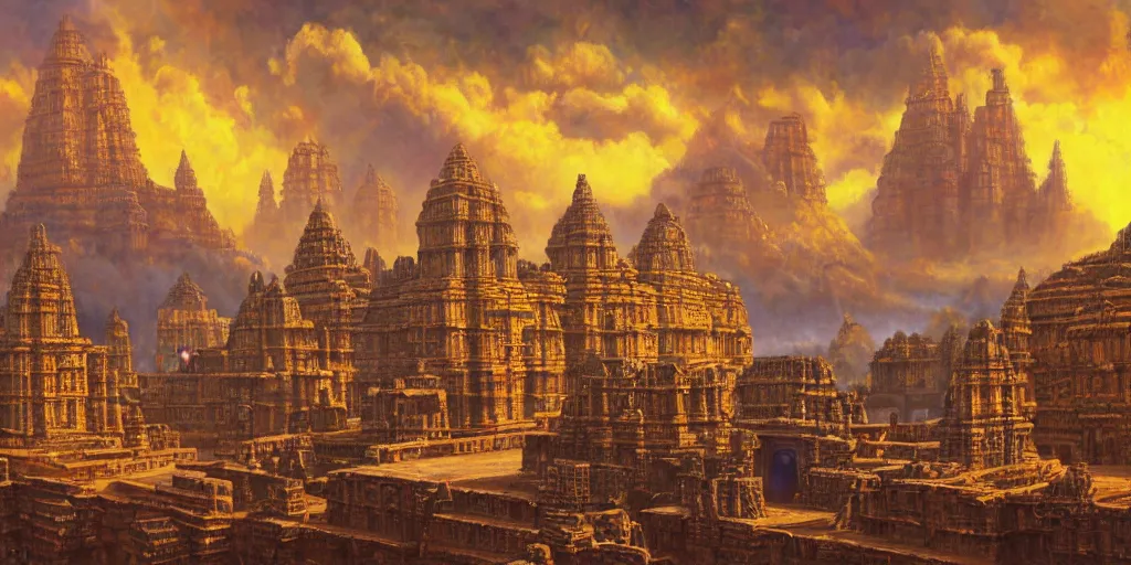 Prompt: fantasy oil painting, mega structure city, indore, kailasa temple, ellora, argos, hybrid, looming, small buildings, warm lighting, street view, overlooking, interstellar space port launching dock, epic, distant mountains, bright clouds, luminous sky, cinematic lighting, michael cheval, david palladini, artstation, oil painting, natural tpose