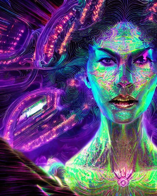 Image similar to a powerful energy psychedelic matrix priestess, by alexander fedosav, hyper detailed digital matte painting, concept art, hyperrealism, 1 6 k resolution, cinema 4 d, 8 k resolution, trending on artstation, behance hd, a masterpiece, by stephan martiniere, particles, cel - shaded, power bright neon energy, by david a. hardy,