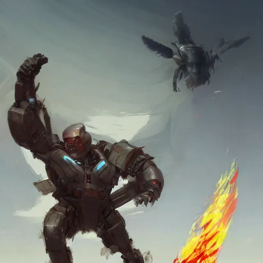 Prompt: the titan prometheus midair with the fire in one hand the other hand streched to prevent a collission. concept art greg rutkowski