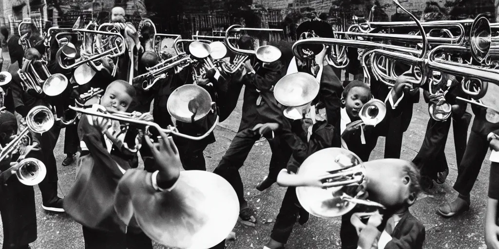 Prompt: children in black robes throwing brass instruments into a pile, frightening, ghastly, photorealistic, old film, 3 5 mm film, found film, scary, ominous, by bruce davidson, on hasselblaad