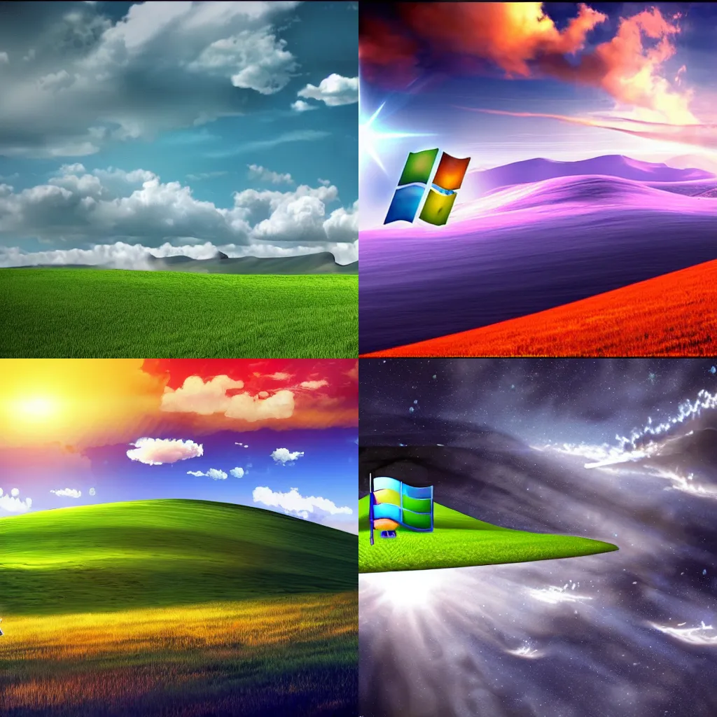 Prompt: Windows XP background reimagined as a sci fi battle scene