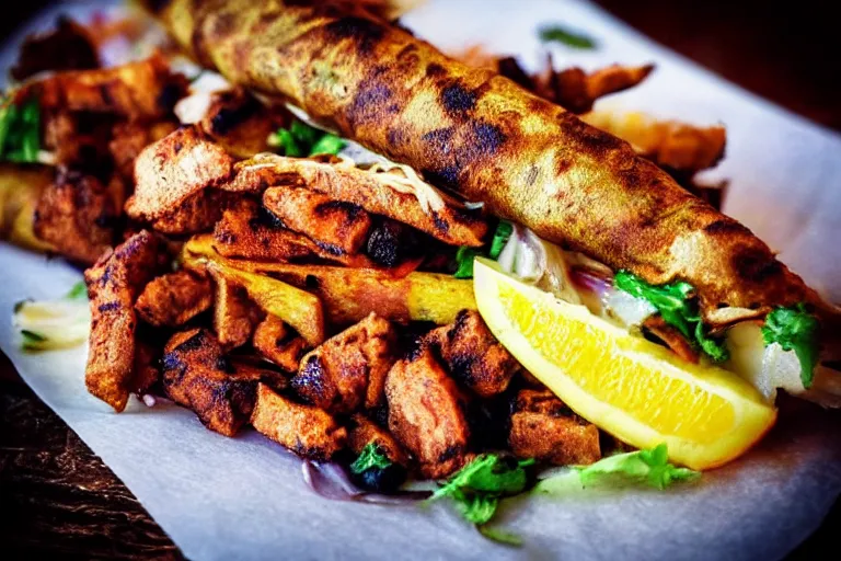 Prompt: juicy tasty shawarma. close up. food photo award winner. trending on instagram