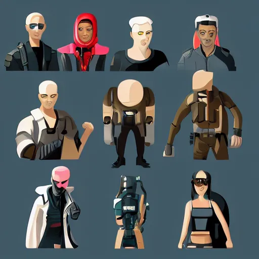 Prompt: crew of cyberpunk characters, white background