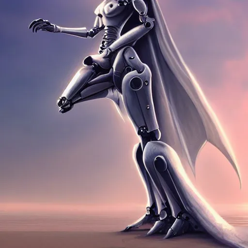 Prompt: full body pose, realistic detailed stunning anthropomorphic robot female dragoness, doing an elegant pose with hand on hips, looking to the side, sleek streamlined armor and design, sharp claws, wearing a cape that blows in the wind, on the beach during sunset, high quality, artstation, deviantart, furaffinity