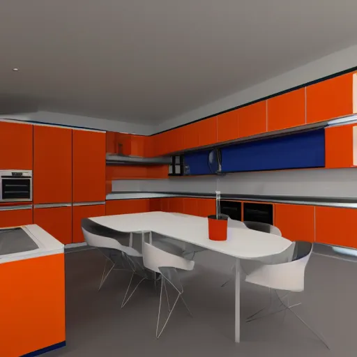 Image similar to 1970's futurist interior kitchen, furnished by aero aarino, primary colors are white, orange, yellow, and red unreal engine 8k resolution