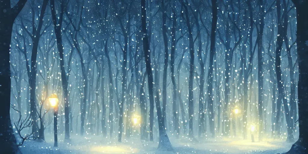 Image similar to high quality illustration of an enchanted magical winter forest::night time, glowing sparkles, mystic lightning::painted by Daisuke Tsutsumi, artstation art