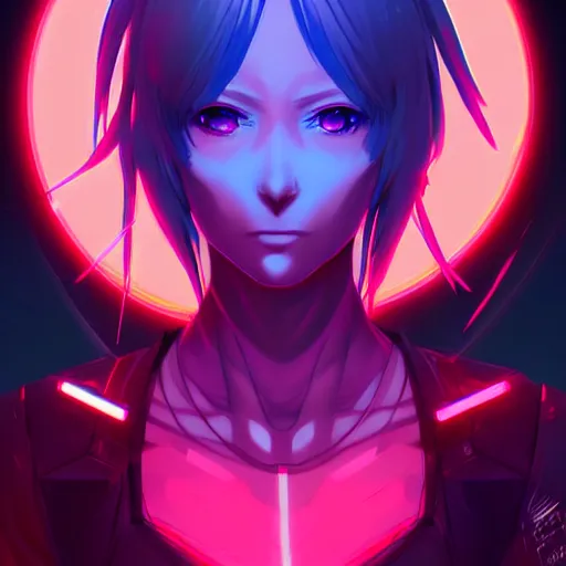 Image similar to digital cyberpunk anime fullbody!! character concept art gorgeous anime girl symmetrical face, small female android cyborg - angel glowing red left eye and glowing blue right eye, wlop, rossdraws, sakimimichan, ilya kuvshinov, krenz cushart, greg rutkowski.