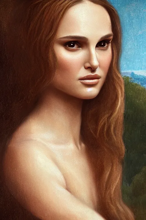 Prompt: natalie portman painted by leonardo da vinci, high details, cinematic, 8k resolution, beautiful detailed, photorealistic, digital painting, artstation, concept art, smooth, sharp focus, illustration, fantasy background, artstation trending, octane render, unreal engine