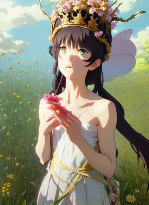 Image similar to a film still portrait of nymph girl with crown of flowers, finely detailed features, perfect art, trending on pixiv fanbox, painted by greg rutkowski makoto shinkai takashi takeuchi studio ghibli, akihiko yoshida,