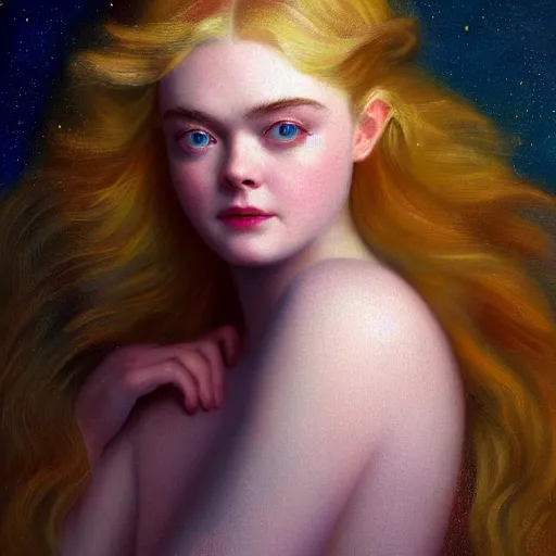 Image similar to professional painting of Elle Fanning in the style of Delphin Enjolras, head and shoulders portrait, symmetrical facial features, smooth, sharp focus, illustration, intricate, stormy weather, extremely detailed masterpiece,