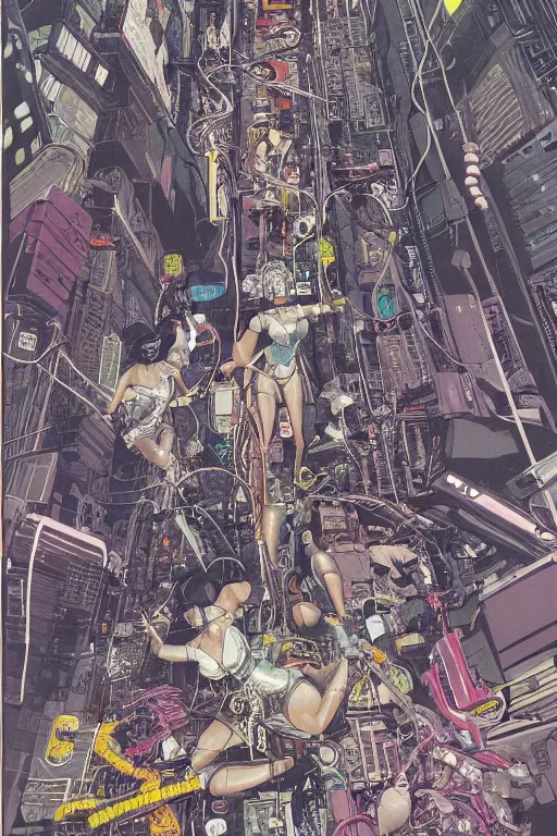 Prompt: a hyper-detailed cyberpunk magazine cover illustration of a group of four female androids' body pieces with cables and wires coming out, lying scattered over an empty floor, by masamune shirow and katsuhiro otomo, seen from above, japan 1980s