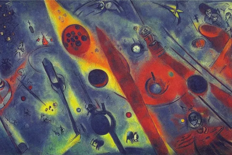 Image similar to a futuristic space port, painting by chagall, trending on artstation