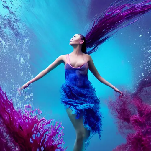 Image similar to woman dancing underwater wearing a flowing dress made of blue and magenta seaweed, delicate coral sea bottom, swirling silver fish, swirling smoke shapes, octane render, caustics lighting from above, cinematic