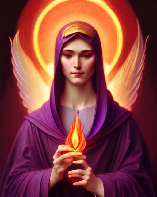 Image similar to saint germain holding a violet flame, fire that is violet colored, intricate, elegant, highly detailed, digital painting, artstation, concept art, smooth, sharp focus, illustration, art by artgerm and greg rutkowski and fra angelico and alphons mucha