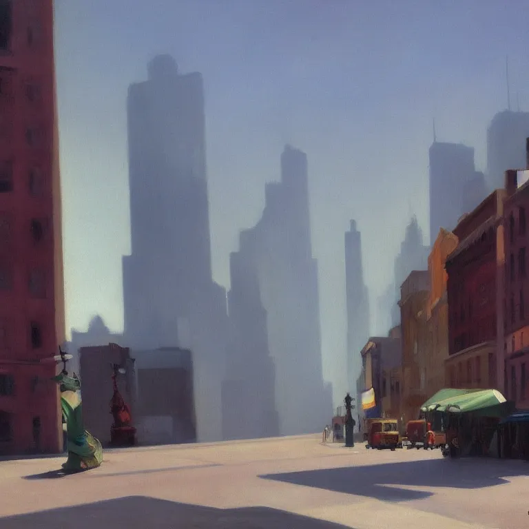 Image similar to trash flowing everywhere, piles of trash, city fog, early morning, , painted by Edward Hopper, painted by Wayne Barlow, airbrush