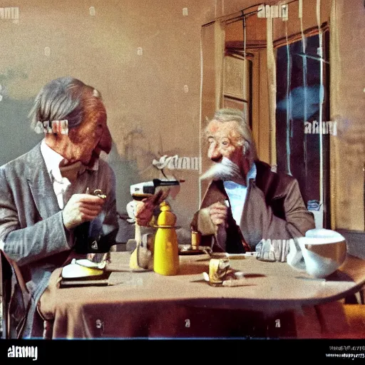 Prompt: mcgregor and jean rochefort are having a coffee. they are on nice conversation. a brown furry cat sits at the middle of the table. strong colours. nice atmosphere. 2 0 th century paris is seen on window. tobacco smoke. antique coffee cups.