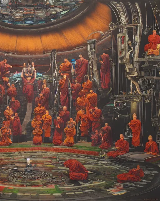 Image similar to a painting of cyborg buddhist monks sitting in circle praying to a big intricate machine, matte painting, highly detailed, sci-fi, cyberpunk art