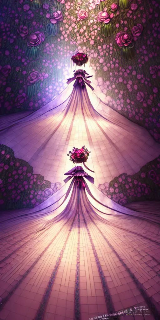 Image similar to the beautiful hyperdetailed physical rendering of a single rose flower wedding gothic lolita dress clothing design display in show in front of your eyes, perfectly shaded, atmospheric lighting, in the style of makoto shinkai, raphael lacoste louis comfort tiffany, stanley artgerm lau, wlop, rossdraws, 8 k hd, fine texture structure, 3 drender,