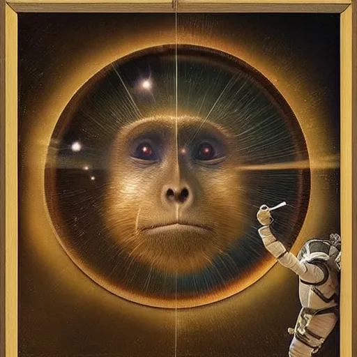 Prompt: hyper realistic, space monkey and astronaut opening door that shows space and time created by davinci with extra detail, epic, golden ratio.