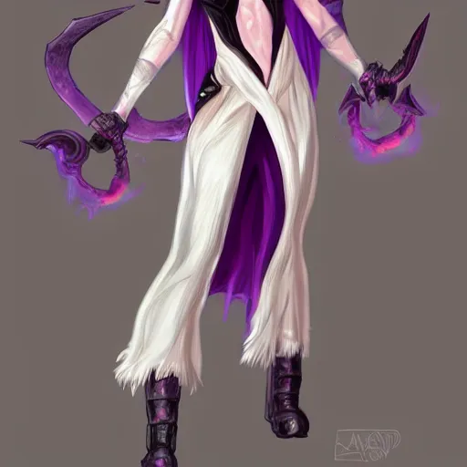 Prompt: fit female demon warlock with white horns, young, purple cloak , still, digital painting, trending on artstation, masterpiece, in the style of JB Casacop