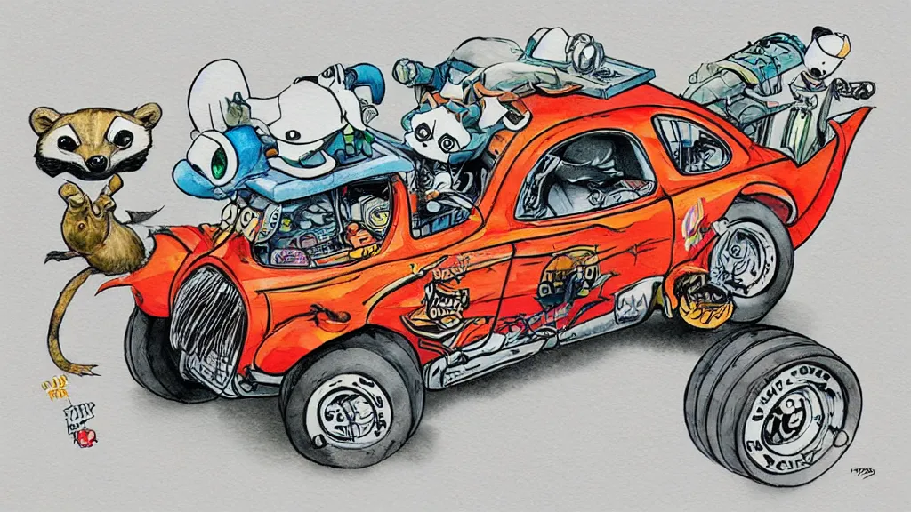 Image similar to cute and funny, racoon riding in a tiny hot rod coupe with oversized engine, ratfink style by ed roth, centered award winning watercolor pen illustration, isometric illustration by chihiro iwasaki, edited by range murata