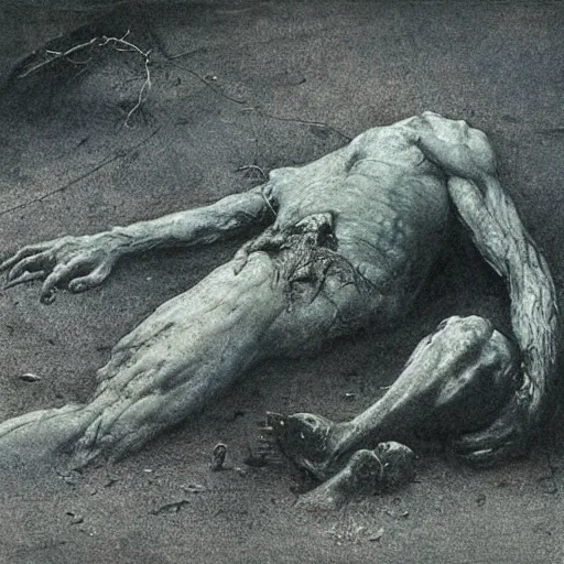 Prompt: dead giant lying on the ground, by Beksinski