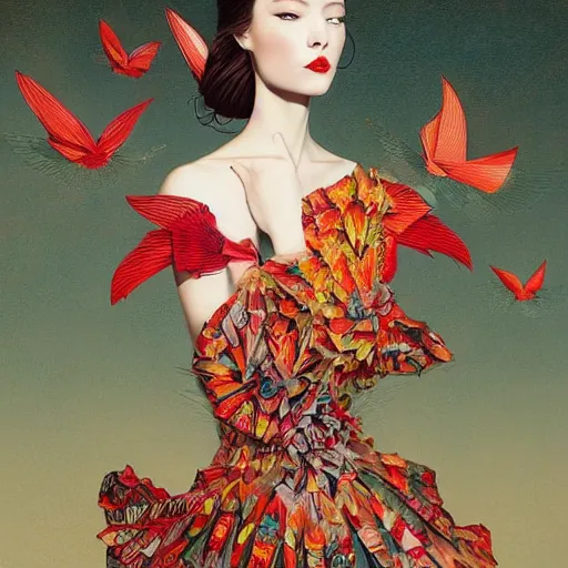 Prompt: full length view of a beautiful girl wearing an origami dress, hummingbirds, elegant, by esao andrews, by eiko ishioka, givenchy, by peter mohrbacher, centered, dramatic, floral ornamentic on cloth and hair, detailed beautiful face, high depth of field, origami, detailed fashion illustration, vogue, japanese, reallusion character creator