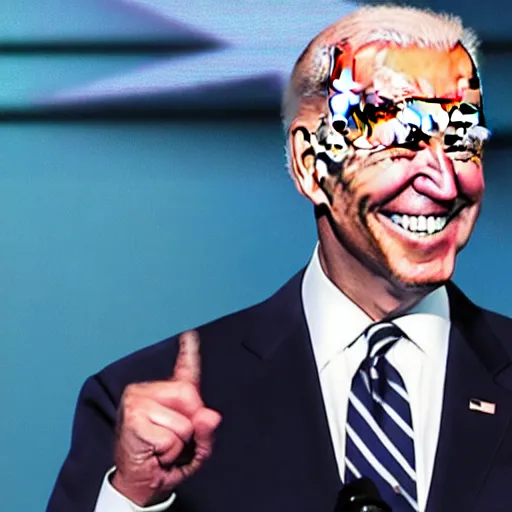 Prompt: Joe Biden with glowing eyes, sinister, evil, laughing, smiling, dark