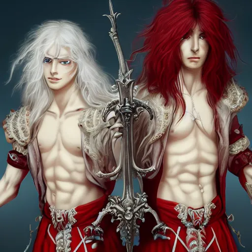 Prompt: Epic rococo painting of two young identical twins, with white skin, long white hair and red eyes. Wearing identical red clothes. Middle age. Castlevania, ultra-detailed. Anime, pixiv, UHD 8K CryEngine, octane render