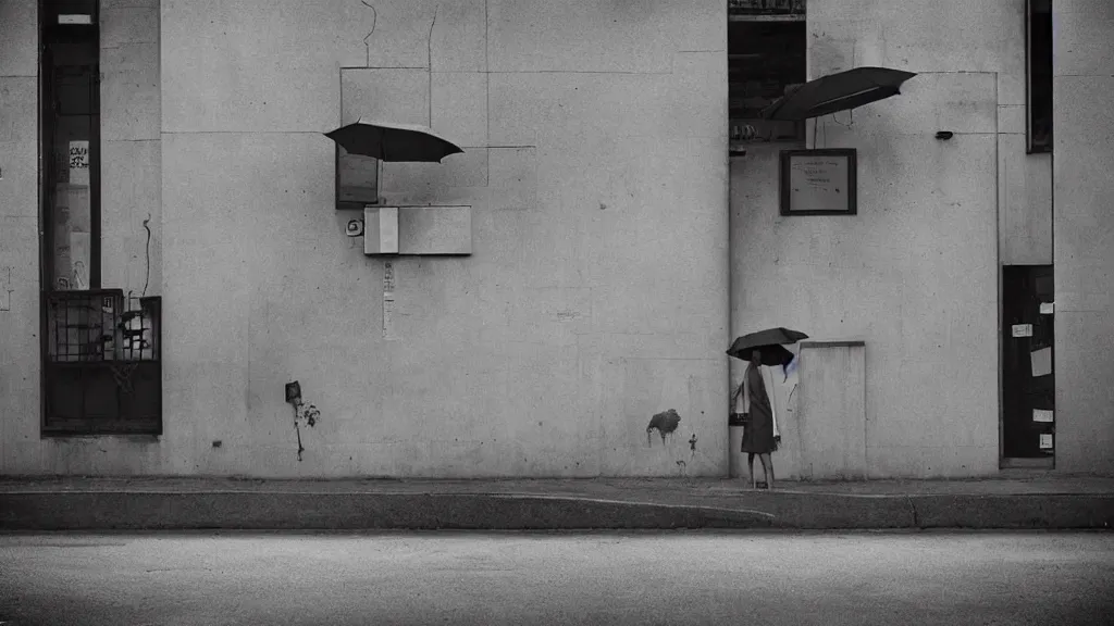 Image similar to “ a woman waiting on the corner holding an umbrella, photography by gregory crewdson ”