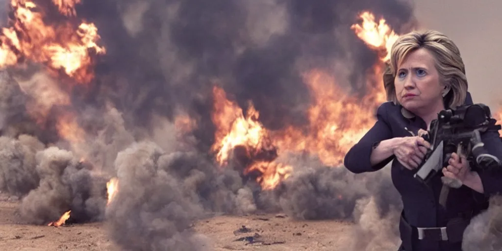 Prompt: movie still of hilary clinton fighting in libya, focused shot, realistic, smoke, fire, octane render