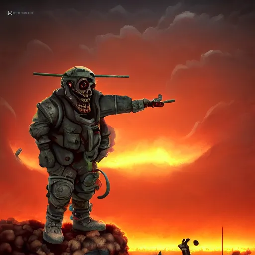 Image similar to comedian performing in a brutal battle field, stand-up comedy, dead laughing bodies on the ground, nuclear cloud in the far horizon, intricate, highly detailed, digital painting, trending on artstation, concept art, smooth, sharp focus