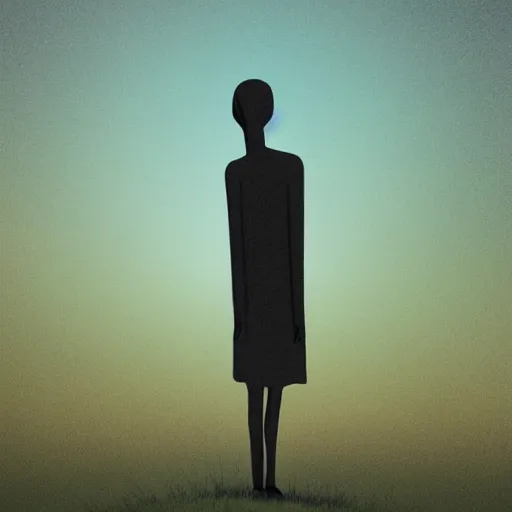 Prompt: tall skinny humanoid creature with no face standing on a hill, night