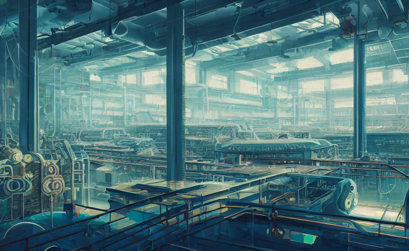 Image similar to Interior shot of a futuristic factory by Petros Afshar and Beeple, James Gilleard, Mark Ryden, Wolfgang Lettl highly detailed