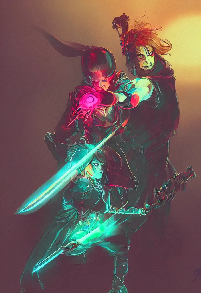 Image similar to , woman with illuminated sword and android with neon gloves fighting a shadow demon, digital effects fantasy ,digital art, illustration, stylized, cel shaded