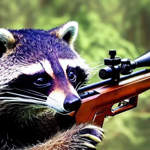 Image similar to raccoon shooting sniper rifle, photo, detailed, 4 k