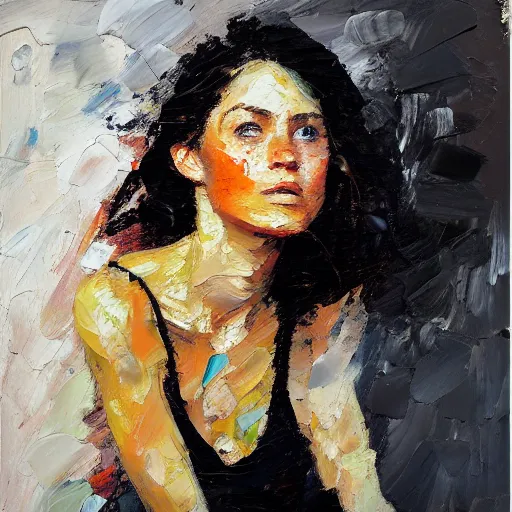 Prompt: highly detailed palette knife oil painting of a young woman by Peter Lindbergh, impressionistic brush strokes, painterly brushwork