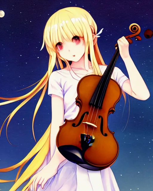 Image similar to teen, cute, melancholy, full body, cat girl, white skin, golden long wavy hair, holding a violin and playing a song, stunning art style, filters applied, lunar time, night sky, trending art, sharp focus, centered, landscape shot, fate zero, simple background, studio ghibly makoto shinkai yuji yamaguchi, by wlop