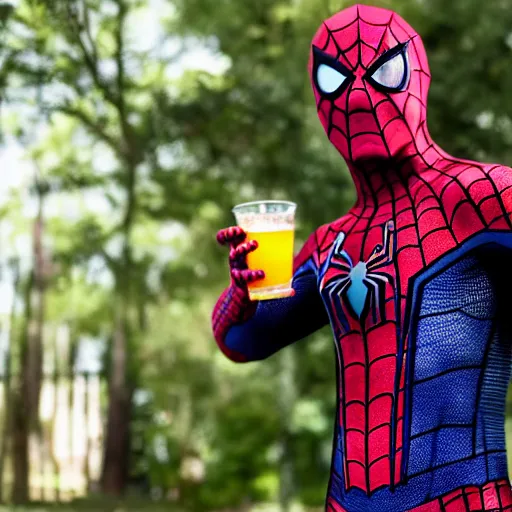 Image similar to spider man drinking purple liquid from the chug