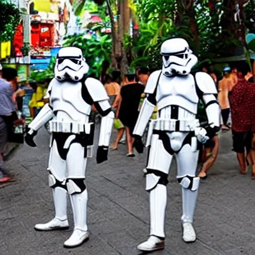 Prompt: stormtroopers on vacation in thailand, realistic nightlife photo