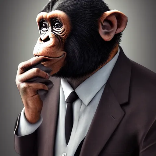 Image similar to a high detail photo of an antropomorphic chimp wearing a suit smoking a cigarrette, subject= chimp, subject detail: wearing a suit, subject action: smoking a cigar, photorealism, dramatic lighting, award winning photograph, trending on artstation