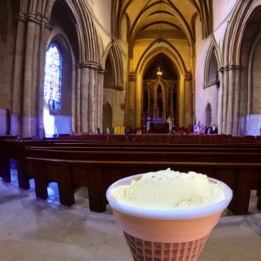 Image similar to ceremony of a soft ice ice cream on an altar during a latin rite catholic church service in a medieval cathedral