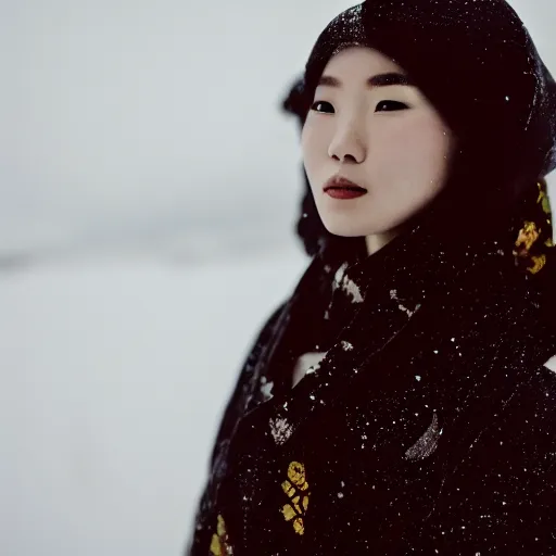 Prompt: portrait photograph of an elegant ginger Asian woman wearing a black kimono in the Arctic. super resolution. 85 mm f1.8 lens.bokeh.graflex. Alessio albi