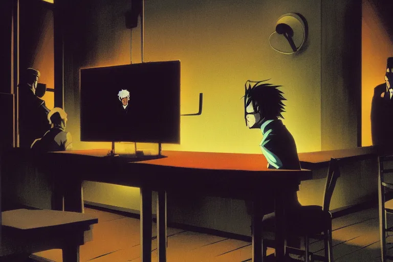 Prompt: anime key visual of ingsoc from 1 9 8 4, dark dystopian, style of jamie wyeth james gilleard edward hopper greg rutkowski acrylic painting, preserved museum piece, historical