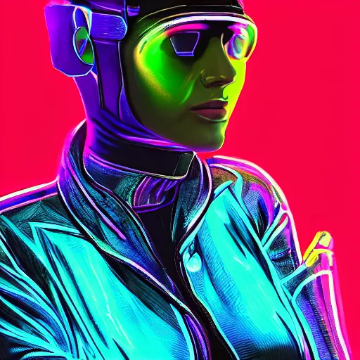 Prompt: portrait of a beautiful cyberpunk woman wearing a black leather jacket and a holographic visor. cyborg, sci - fi, stylish, colourful, digital painting, artstation, mood lighting, neon, vivid colour, sharp focus, reflections, film grain, depth of field