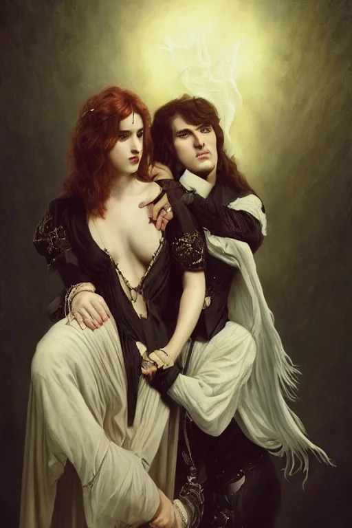 Image similar to a portrait of handsome young male rock star Satan and his elegant beautiful witch wife, bored, illustration, dramatic lighting, soft details, painting oil on canvas, art nouveau, octane render, HDR, 4k, 8k, HD, by Edmund Blair Leighton, Brom, Charlie Bowater, trending on artstation, faces by Tom Bagshaw, Sargent