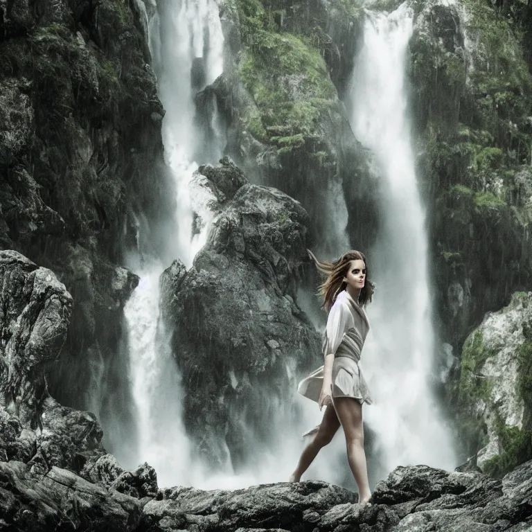 Image similar to intimate photo of emma watson walking through a waterfall, portrait in the style of petter hegre, sharp details, beautiful face, pale skin, rule of thirds, cinematic lighting, rainy weather, melancholy atmosphere, sharp focus, backlit, stunning, smooth, hard focus, full body shot, instagram photo, shot on iphone 1 3 pro max, hyper realistic