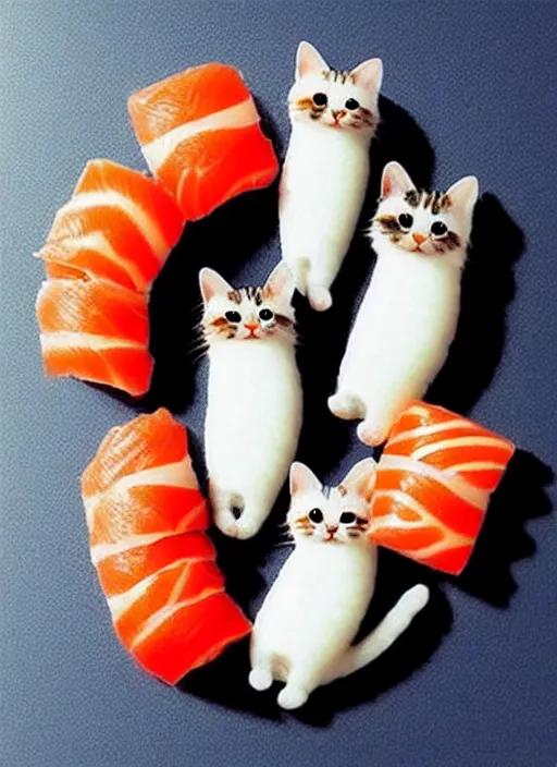 Image similar to clear photorealistic picture of adorable cats made out of sushi