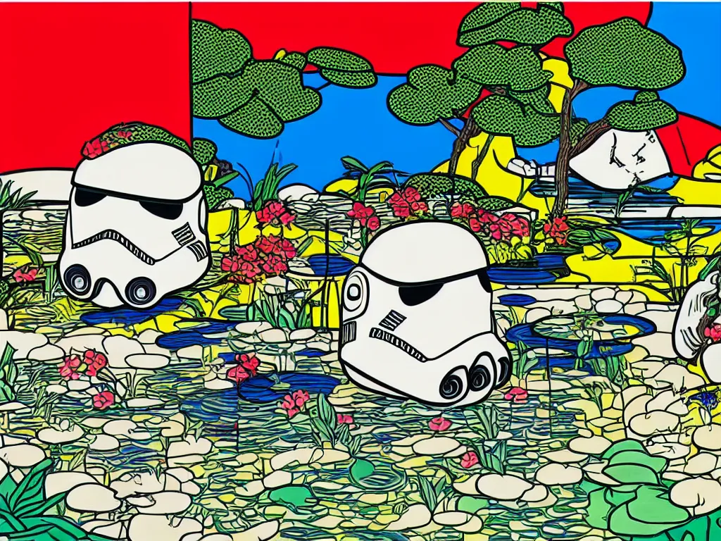 Image similar to hyperrealistic composition of the japanese home with a garden and a pond, 2 stormtroopers sitting around it, pop - art style, jacky tsai style, andy warhol style, roy lichtenstein style, rich palette, acrylic on canvas