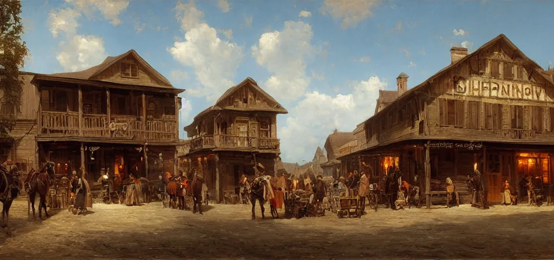 Prompt: from a movie scene, painting of a western saloon exterior in old town, andreas achenbach, cinematic wide shot